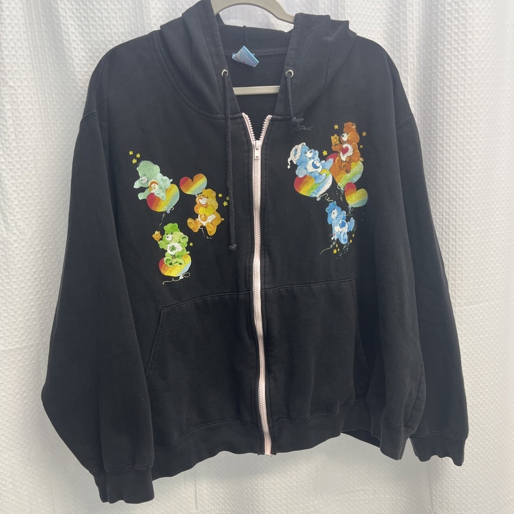 Vintage 2004 Care Bears Hoodie With Hood Ears Black Rainbow Stars  XXL Y2K
